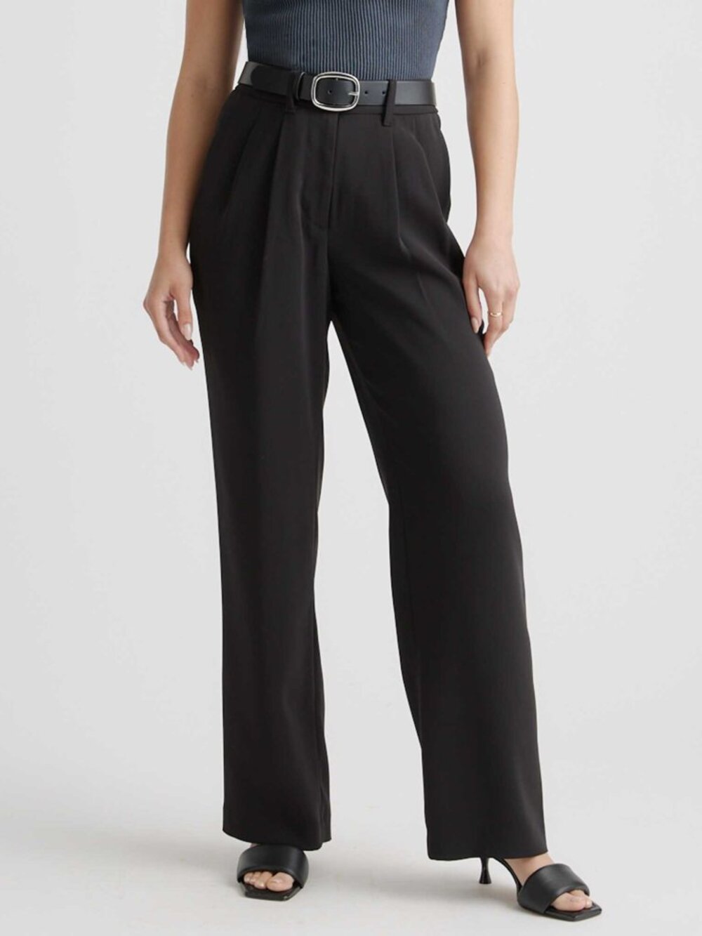 Quince Black High Waist Stretch Crepe Pleated Wide Leg Pants Trousers L - NWT